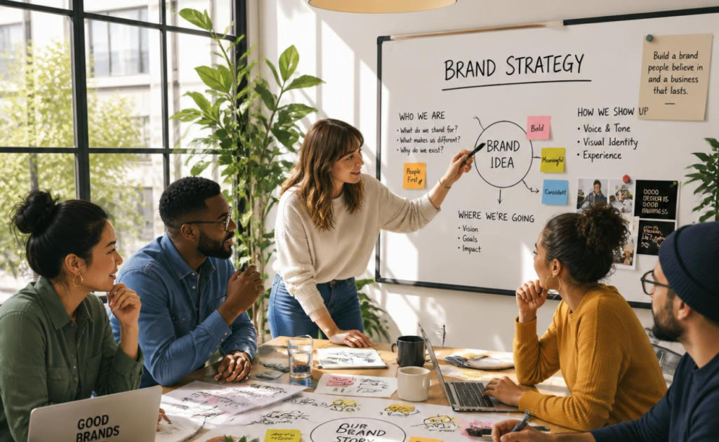 employees discusing brand strategy for a startup